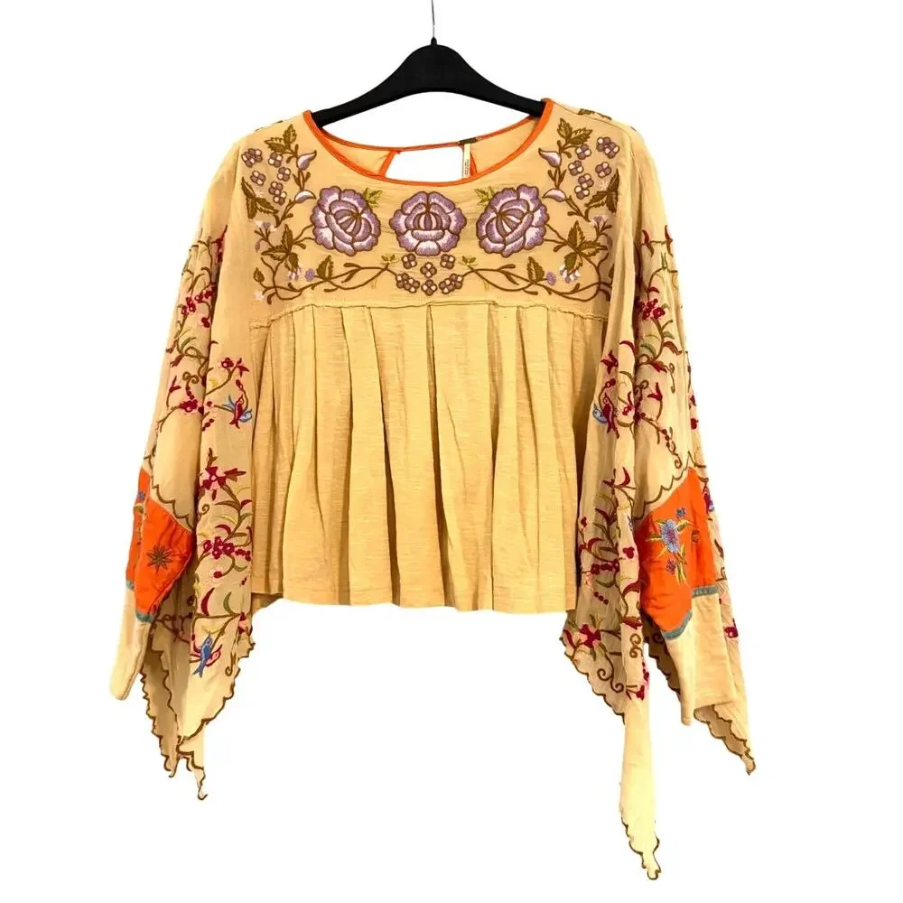 Free People Waiting On A Sunny Day Embroidered Boho Top XS Sand Combo